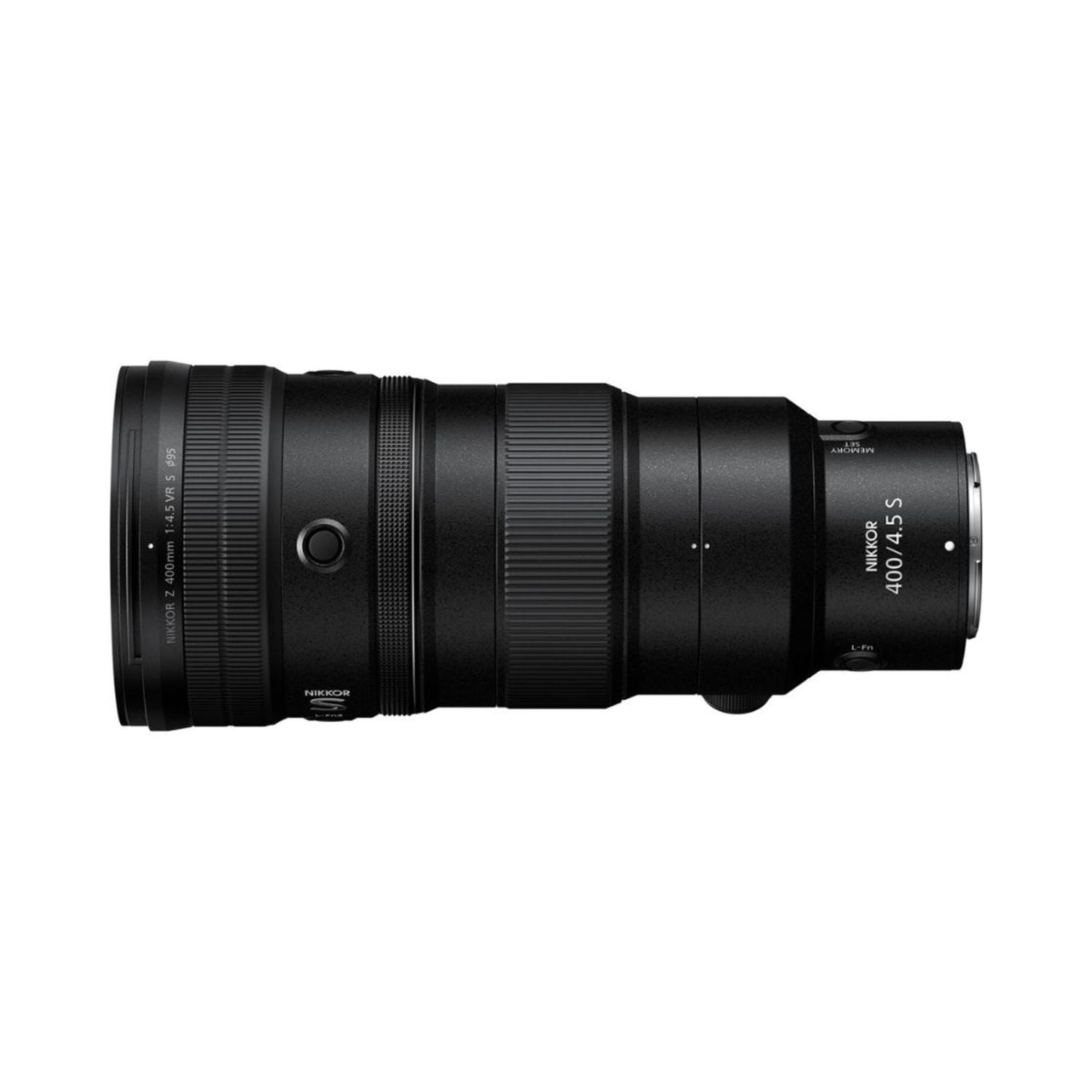 NIKKOR Z 400mm f/4.5 VR S, Seitenansicht mit Bedienelementen am Objektiv