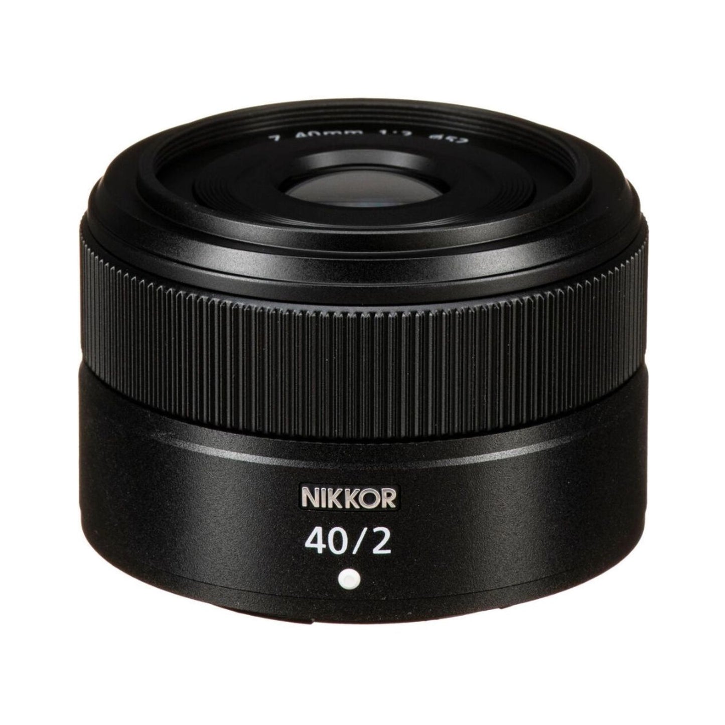 NIKKOR Z 40mm f/2 lens, black front with NIKKOR marking and glass element