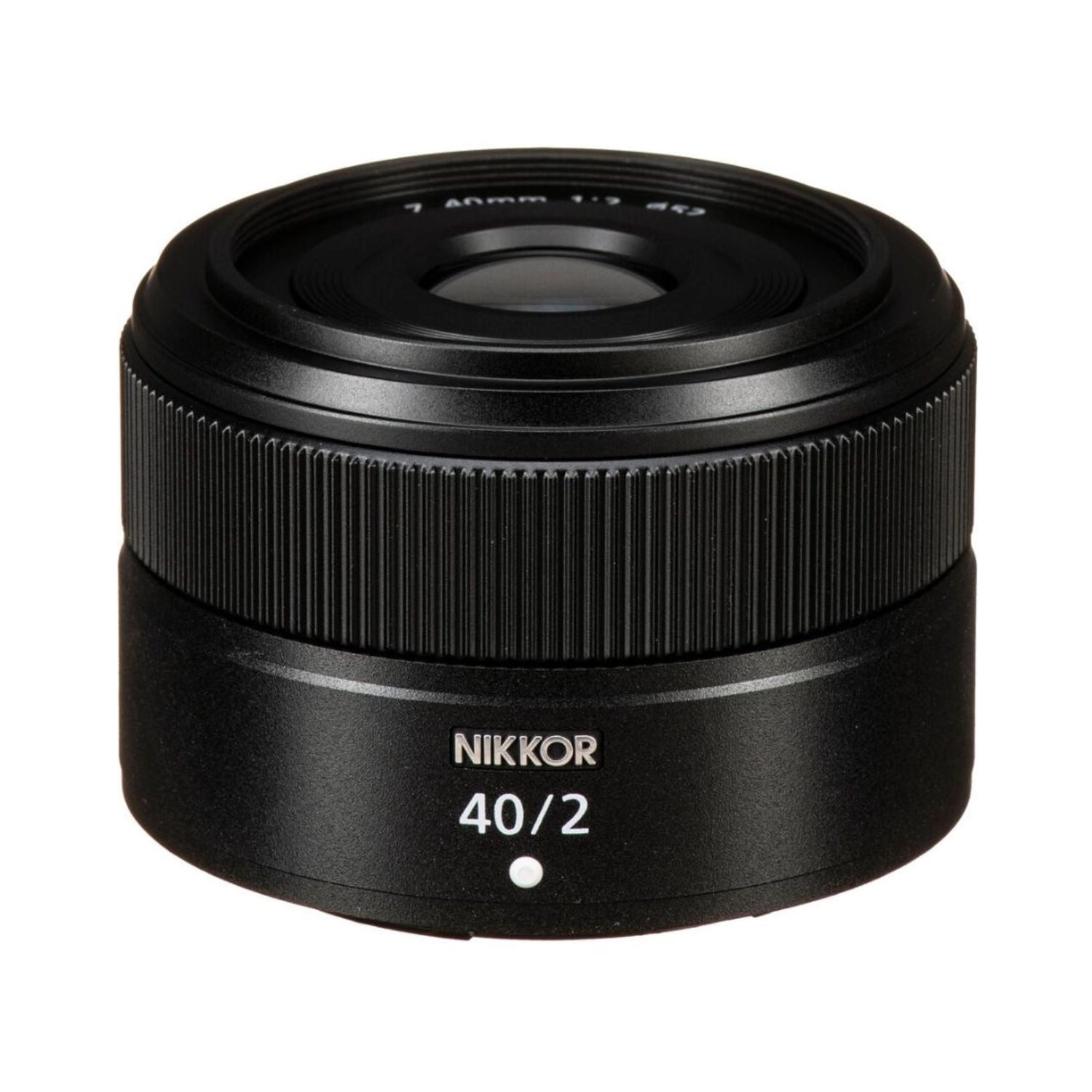 NIKKOR Z 40mm f/2 lens, black front with NIKKOR marking and glass element