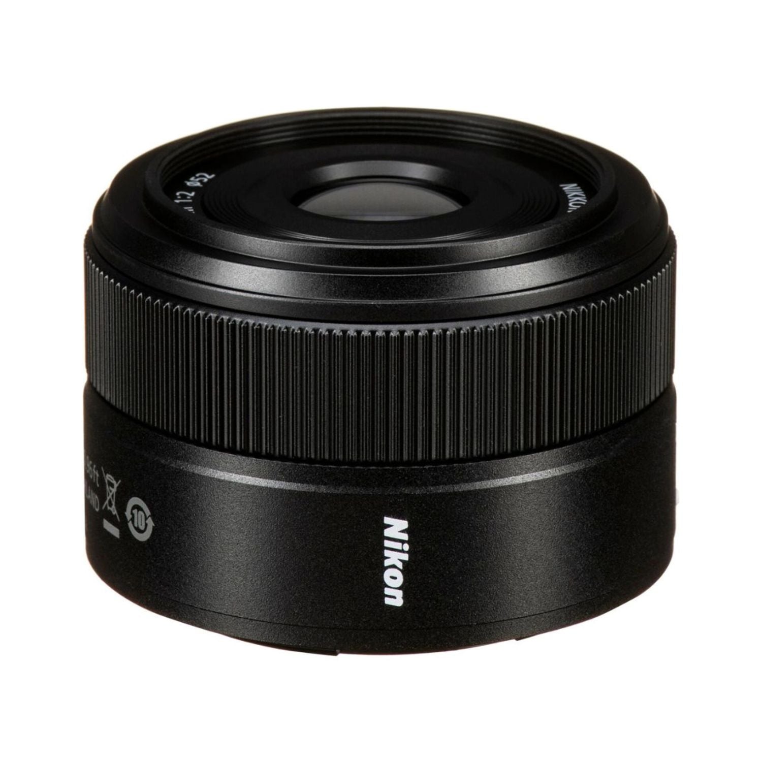 NIKKOR Z 40mm f/2 lens, black rear showing NIKON logo and control ring