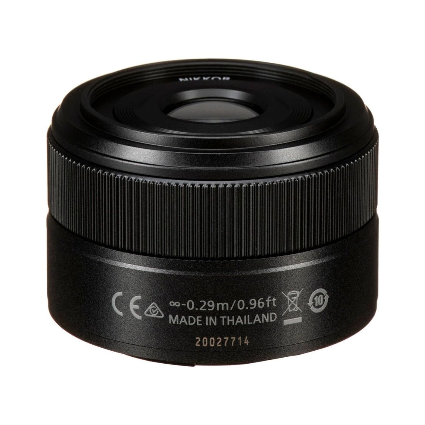 NIKKOR Z 40mm f/2 lens, black back with specifications text and markings