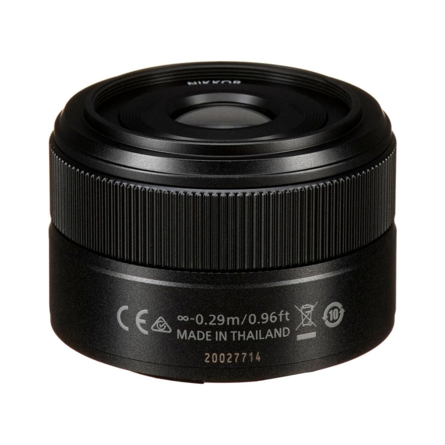 NIKKOR Z 40mm f/2 lens, black back with specifications text and markings