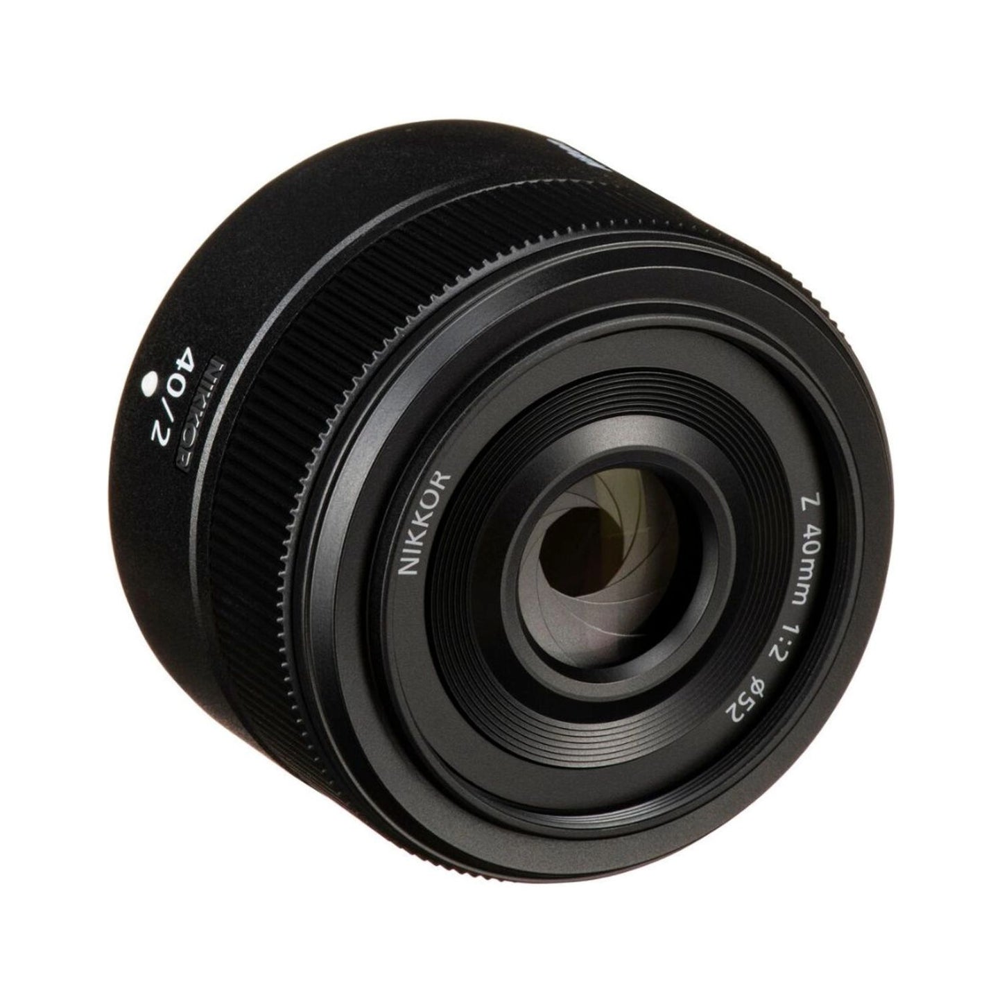 NIKKOR Z 40mm f/2 lens, black angled view showing 40mm f/2 engraving