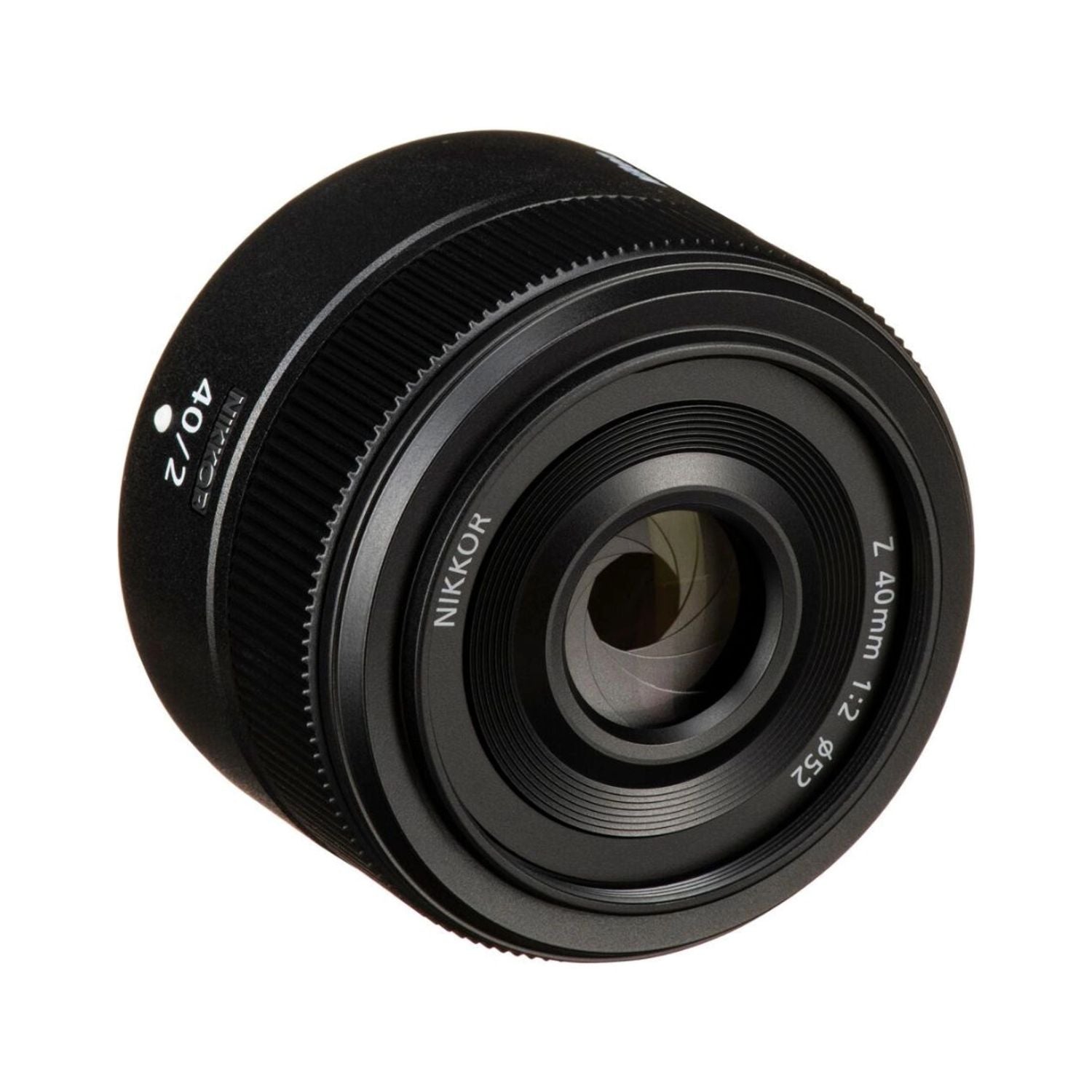 NIKKOR Z 40mm f/2 lens, black angled view showing 40mm f/2 engraving