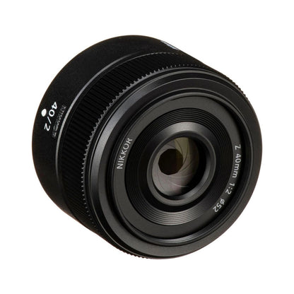 NIKKOR Z 40mm f/2 lens, black angled view showing 40mm f/2 engraving