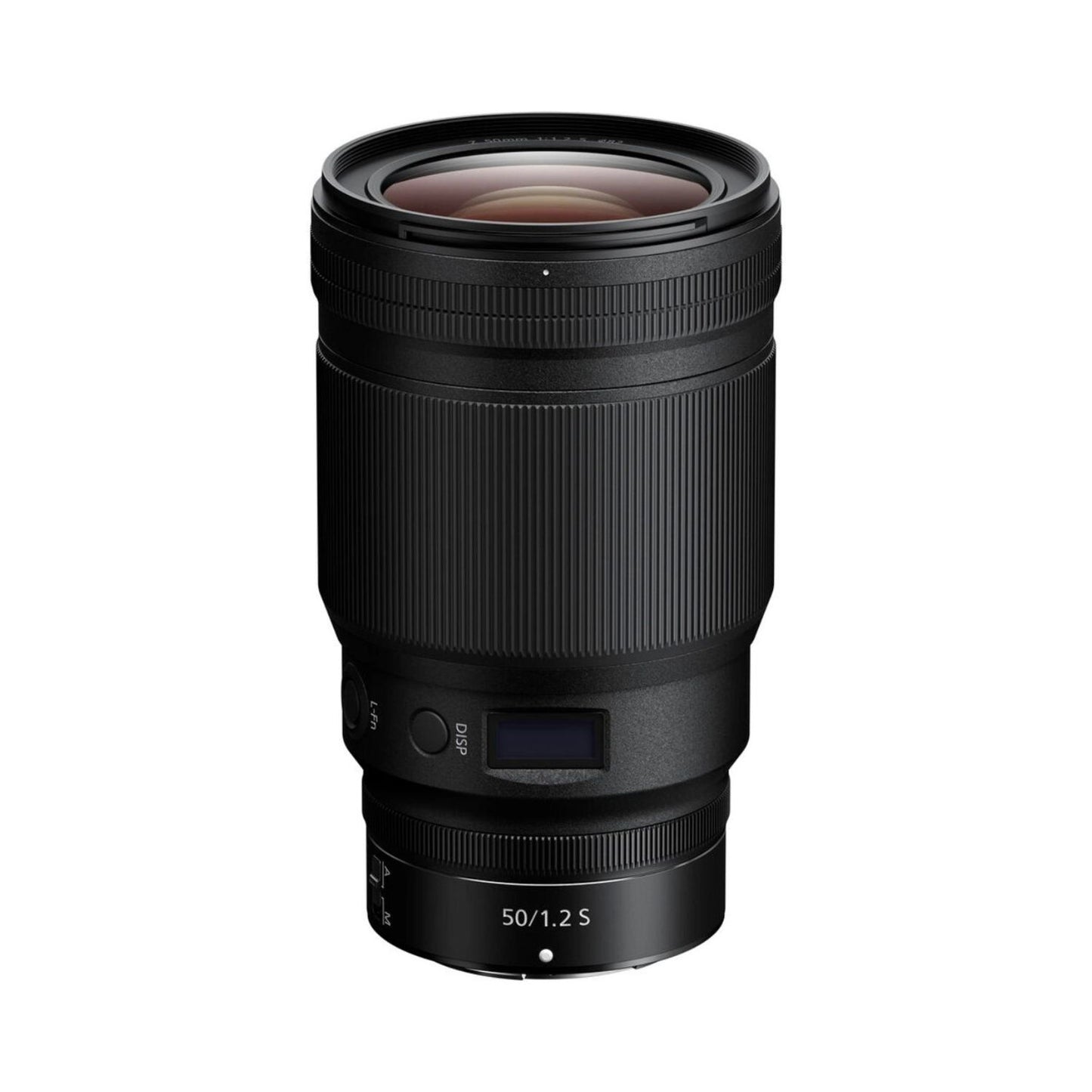 NIKKOR Z 50mm f/1.2 S lens in black with front glass and textured grip