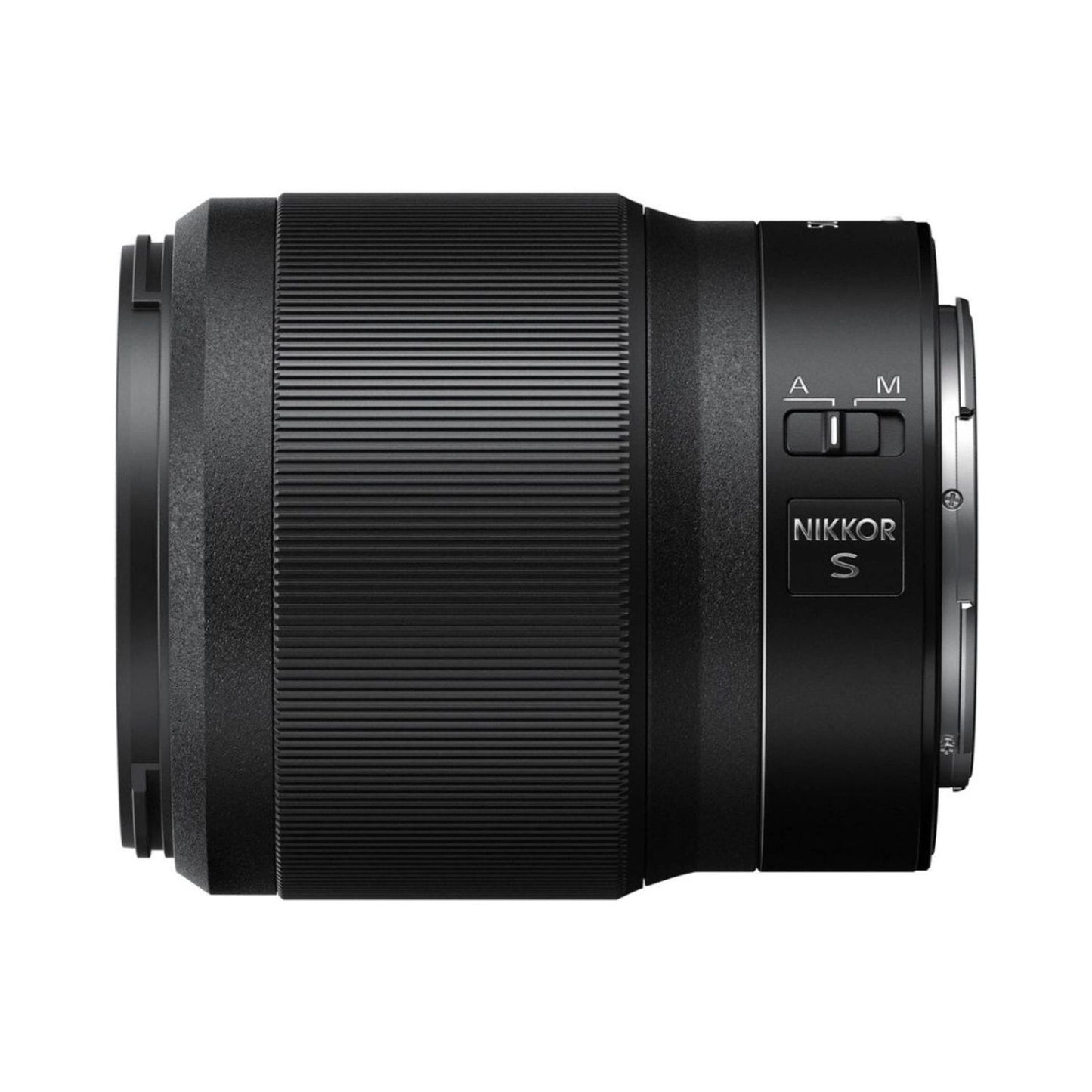 NIKKOR Z 50mm f/1.8 S lens side view with switch markings and grip knurling