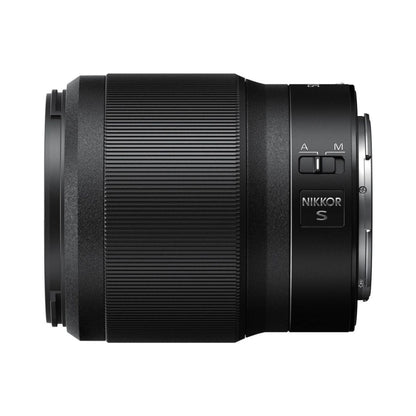 NIKKOR Z 50mm f/1.8 S lens side view with switch markings and grip knurling