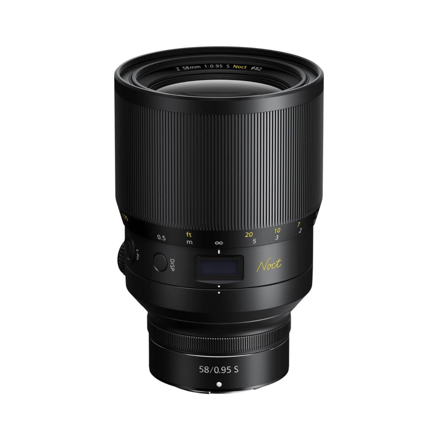 Nikon NIKKOR Z 58mm f/0.95 S Noct lens, front view with ribbed barrel