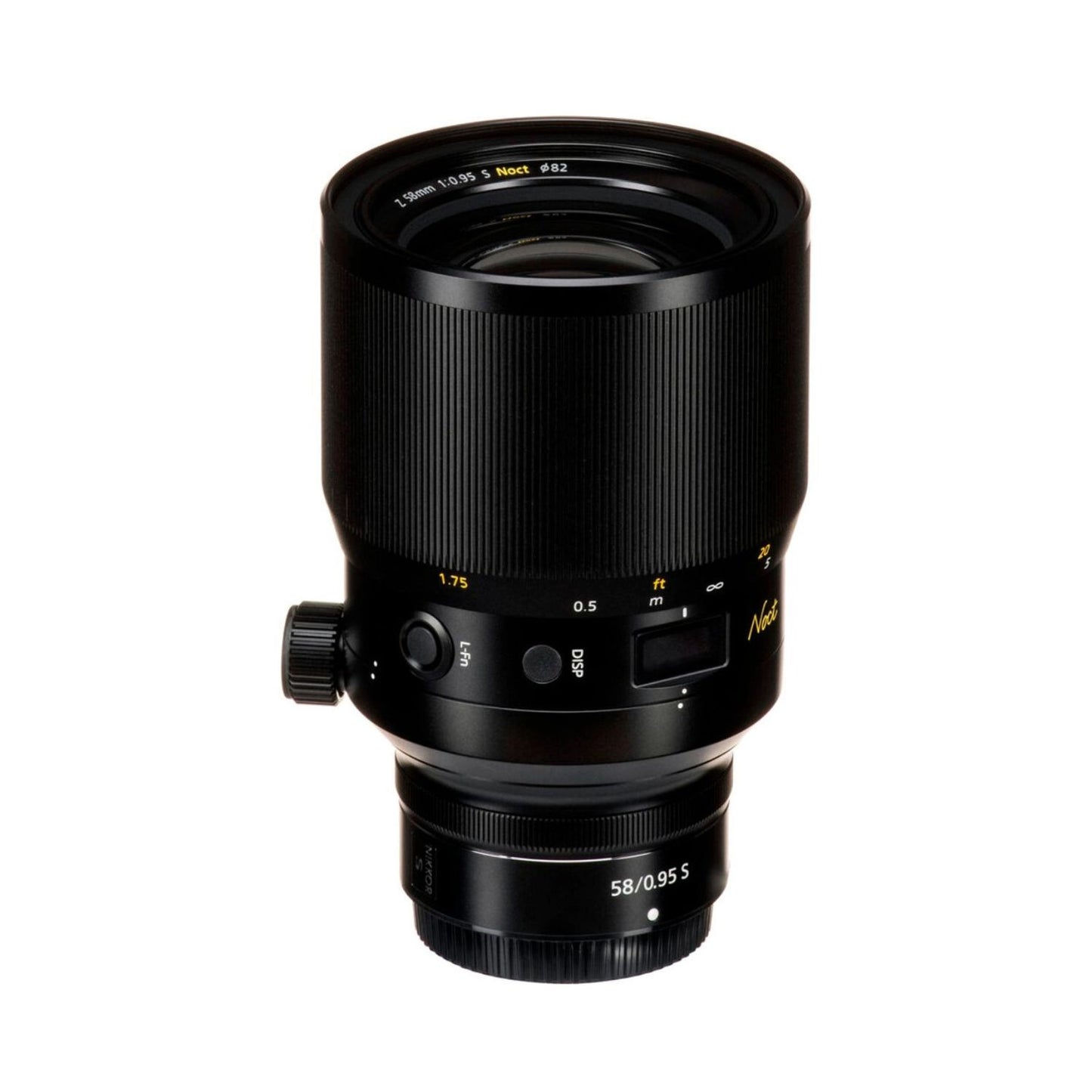 NIKKOR Z 58mm f/0.95 S Noct lens side view, distance scale and control window