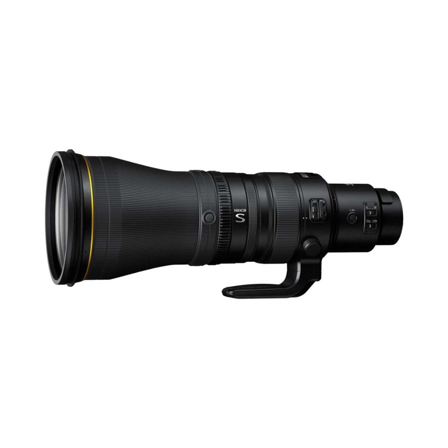 NIKKOR Z 600mm f/4 TC VR S lens side view, black body with control switches