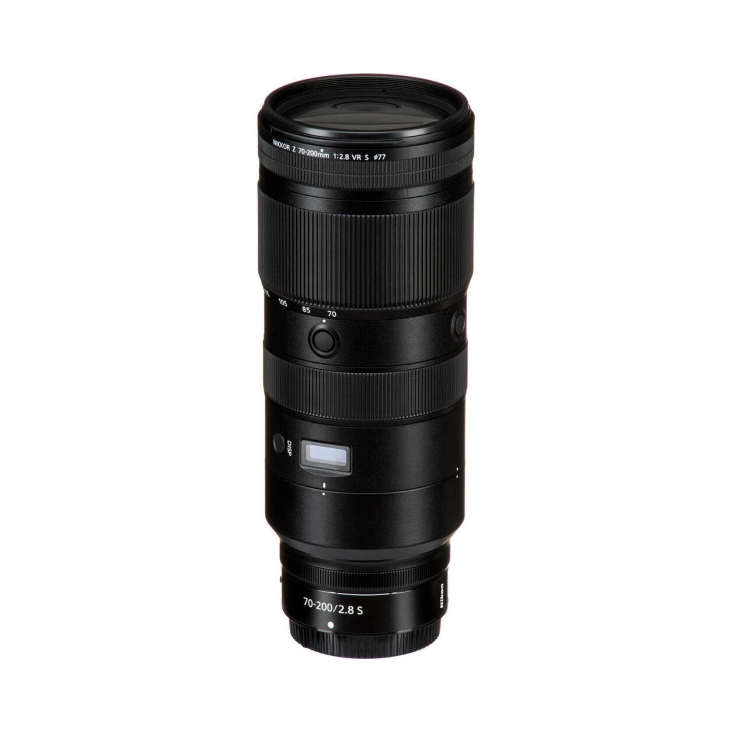 Nikon 70-200mm f/2.8 VR S Z mount lens with black zoom rings and switches