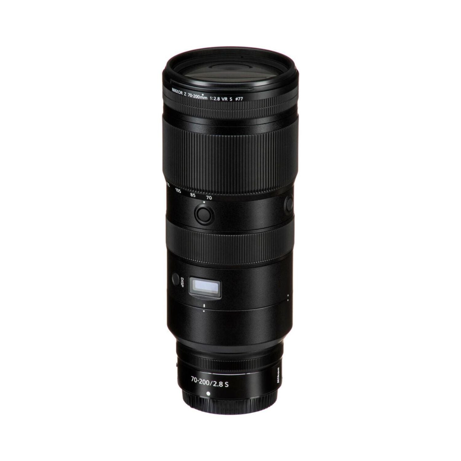 Nikon 70-200mm f/2.8 VR S Z mount lens with black zoom rings and switches