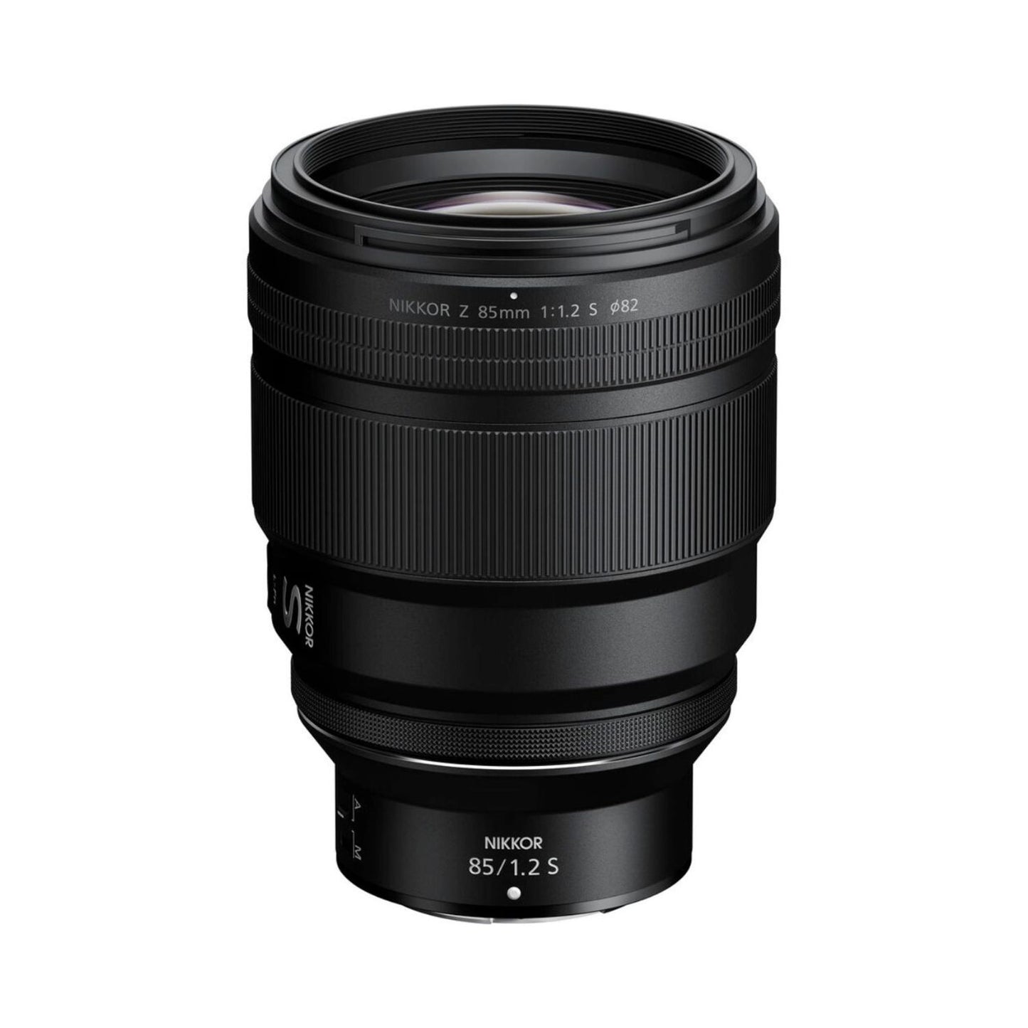 NIKKOR Z 85mm f/1.2 S lens, black barrel with ribbed focus ring and front glass