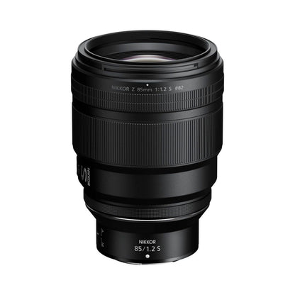 NIKKOR Z 85mm f/1.2 S lens, black barrel with ribbed focus ring and front glass