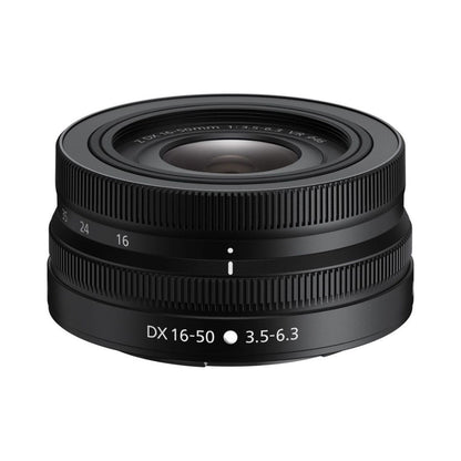 NIKKOR Z DX 16-50mm f/3.5-6.3 VR lens, front view with glass and ridged hood