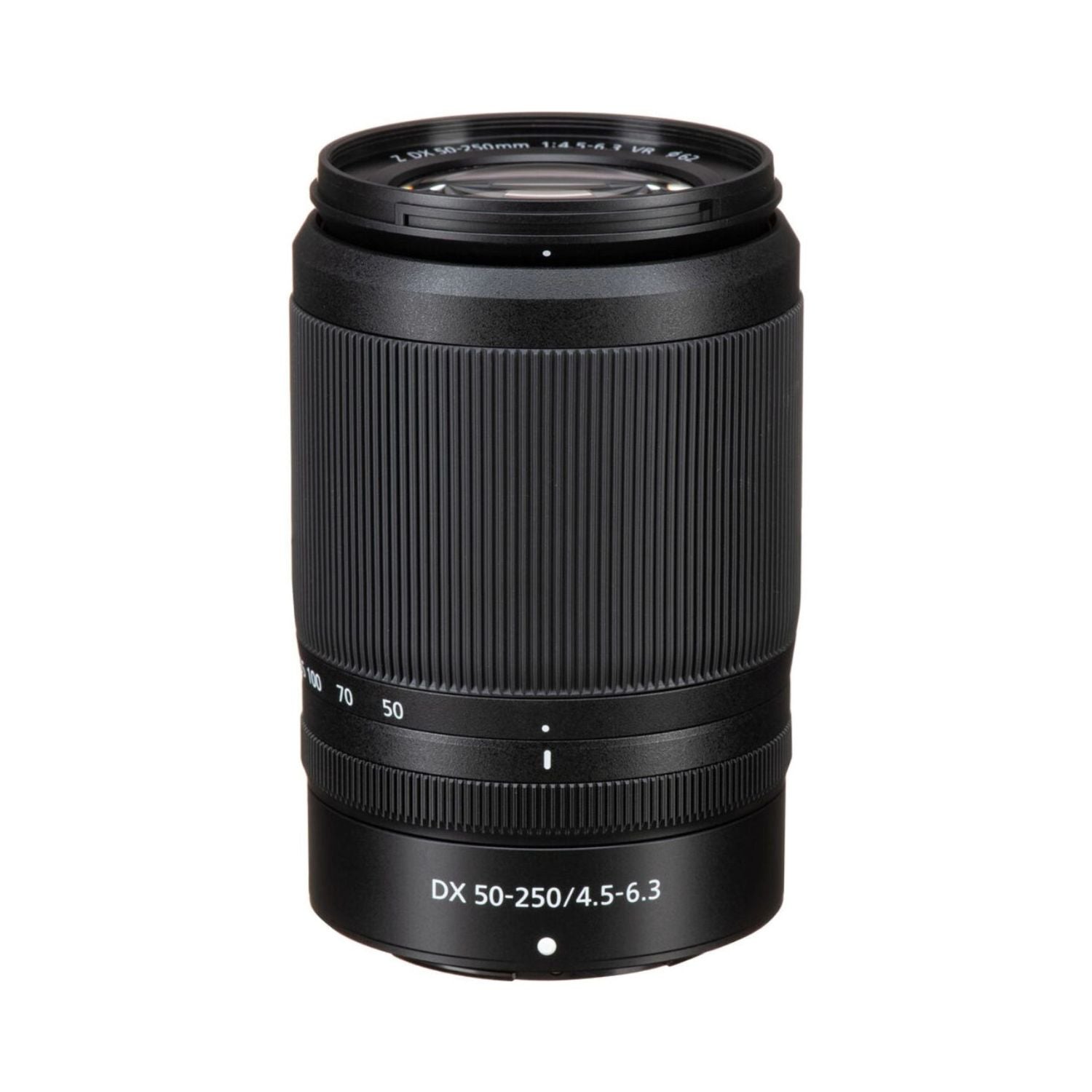 Nikon NIKKOR Z DX 50-250mm lens in black with ribbed focus section and front element