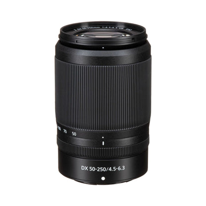 Nikon NIKKOR Z DX 50-250mm lens in black with ribbed focus section and front element