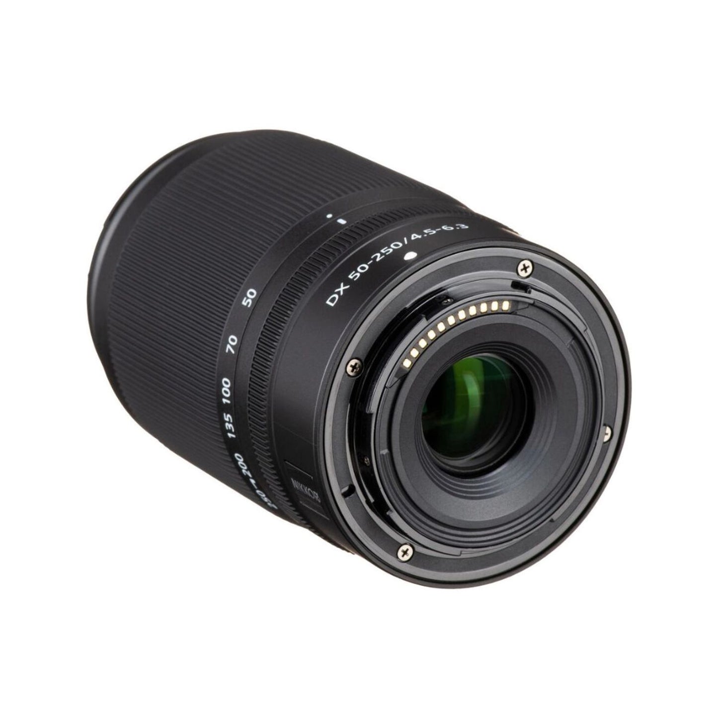 NIKKOR Z DX 50-250mm lens front angled view with visible glass and mounting ring