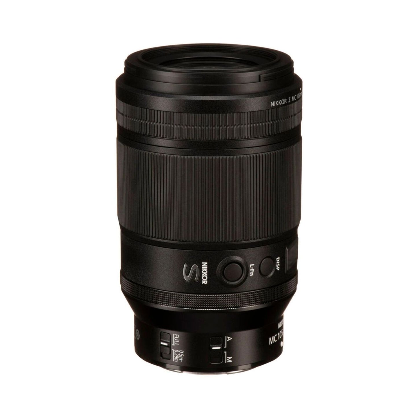 NIKKOR Z MC 105mm f/2.8 VR S Makrolinse, schwarze Gehäusepartie mit Schaltern und Anzeige