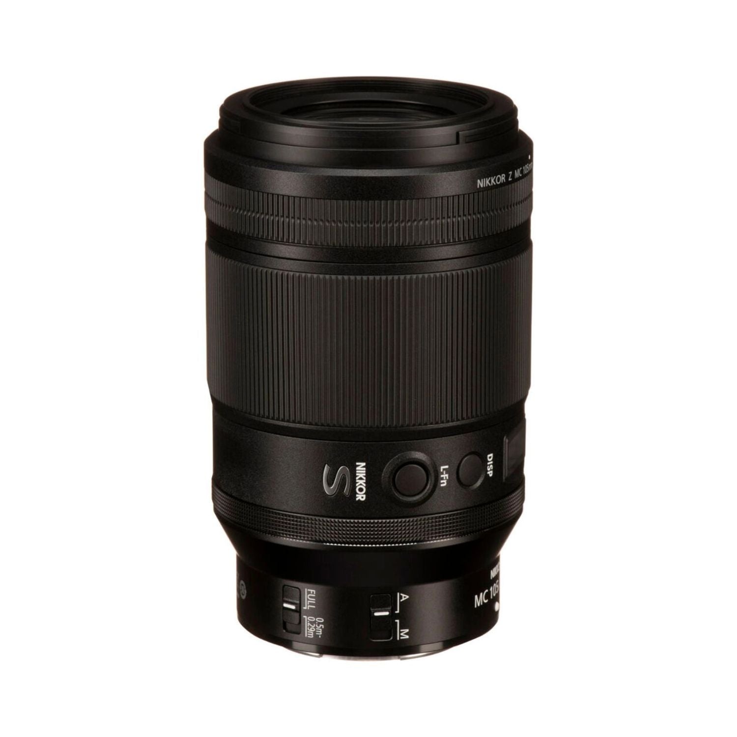 NIKKOR Z MC 105mm f/2.8 VR S Makrolinse, schwarze Gehäusepartie mit Schaltern und Anzeige