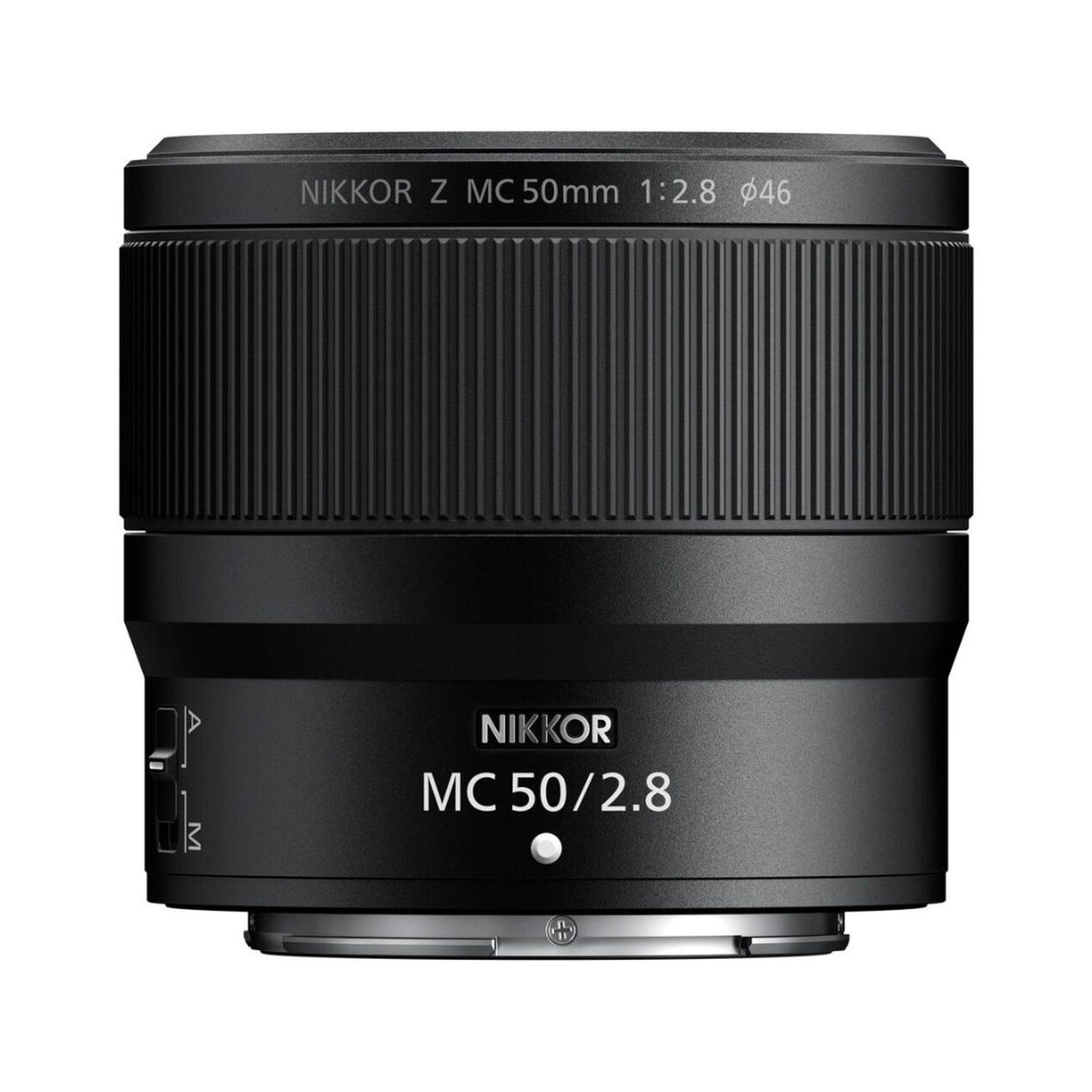 Nikon NIKKOR Z MC 50mm f/2.8 macro lens, top view with ridged zoom/focus grip