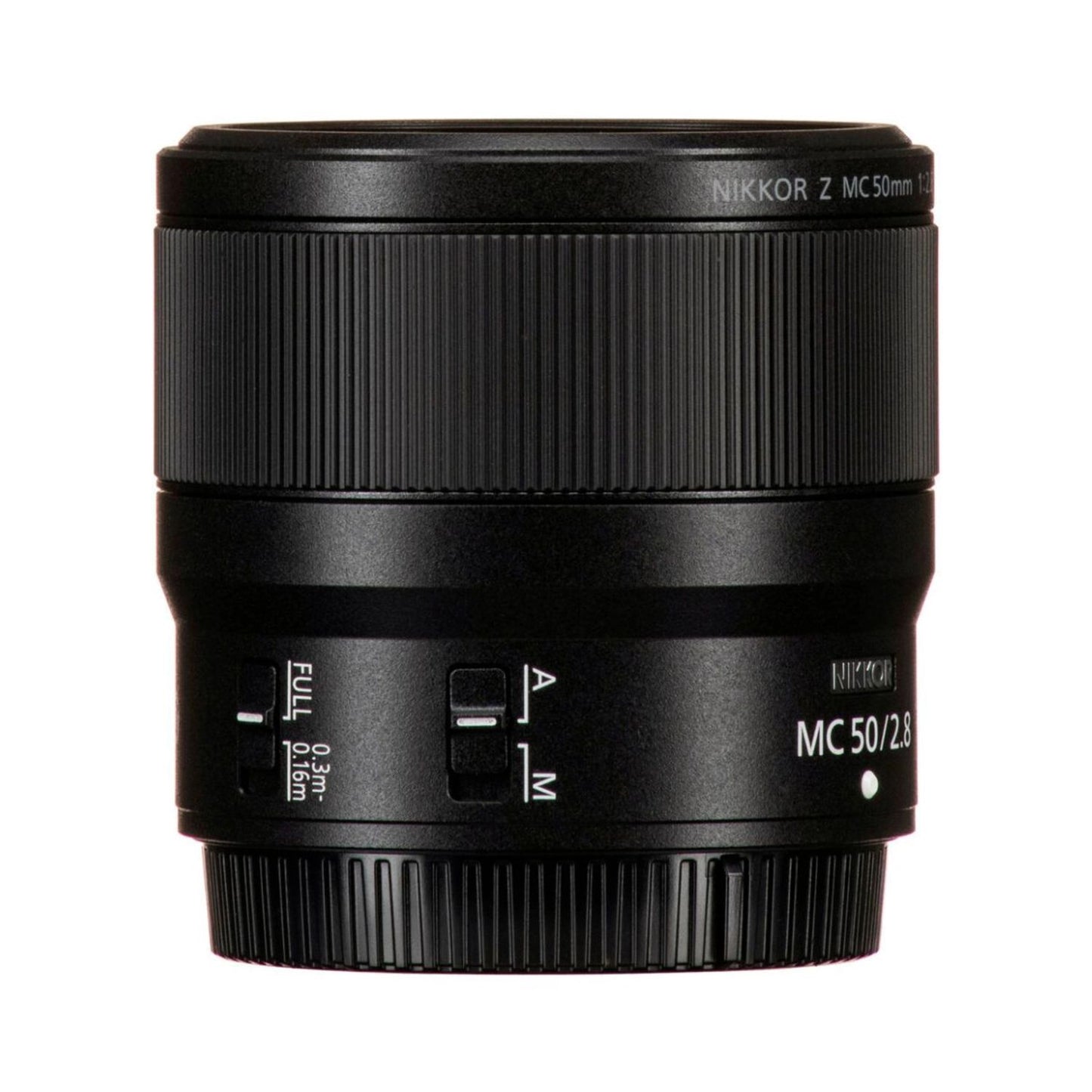 NIKKOR MC 50/2.8 macro lens side view with focus-mode switches and markings