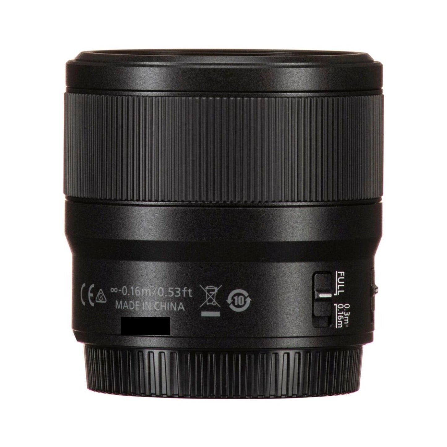 NIKKOR MC 50/2.8 macro lens rear view with distance and compliance markings
