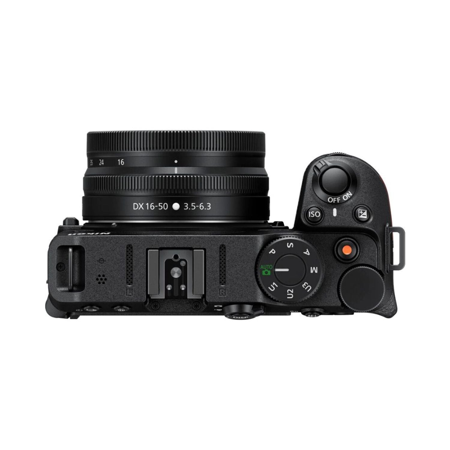 Z30 Body mit NIKKOR Z DX 16-50mm VR Objektiv von der Seite, Bedienelemente sichtbar