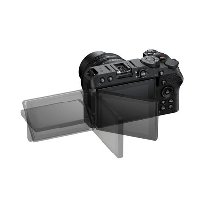 Z30 Kamera mit geöffnetem Display und Kamerarückseite, Schutzfolie am Display sichtbar