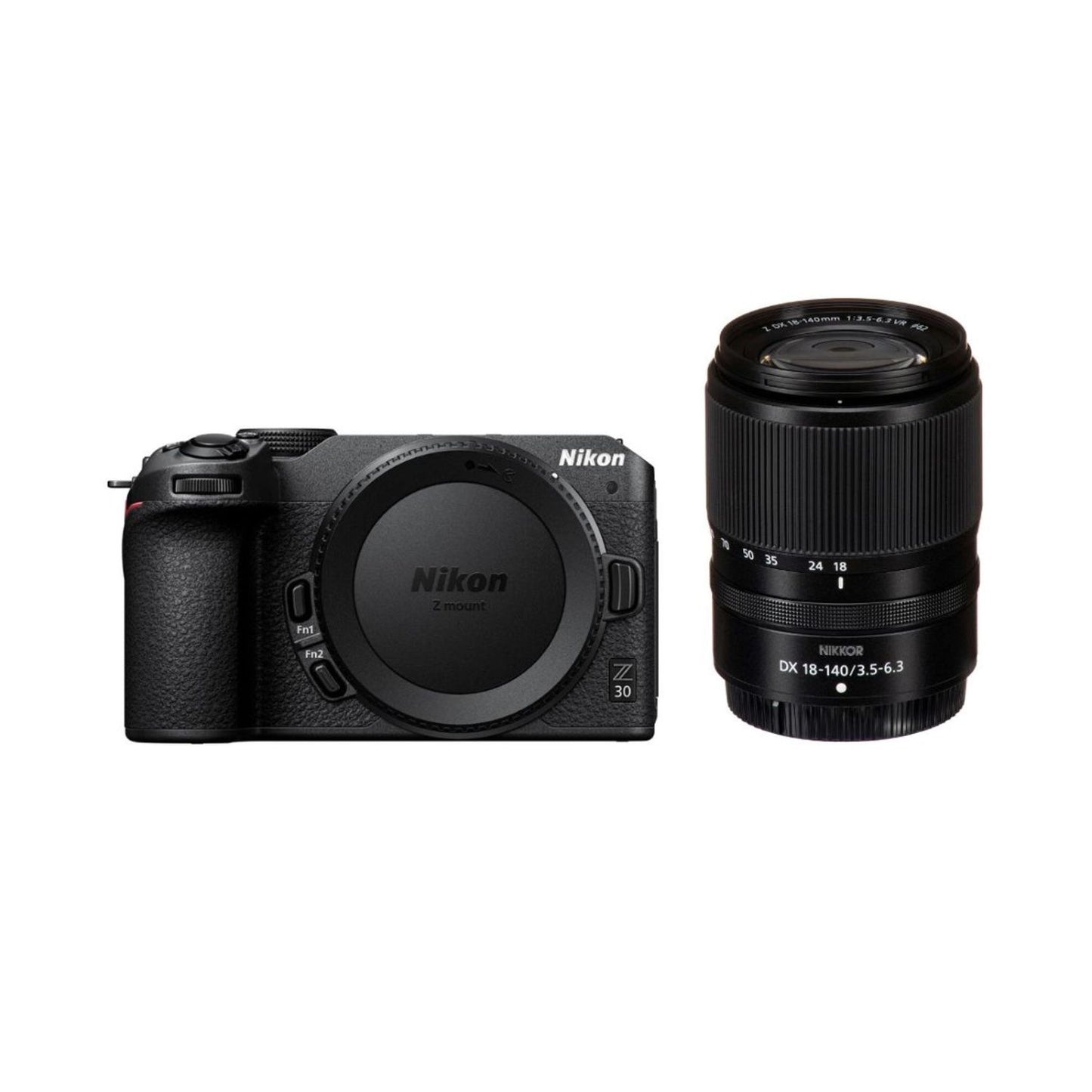 Nikon Z30 Kamera mit Nikkor Z DX 18-140mm VR Objektiv, schwarze Frontansicht