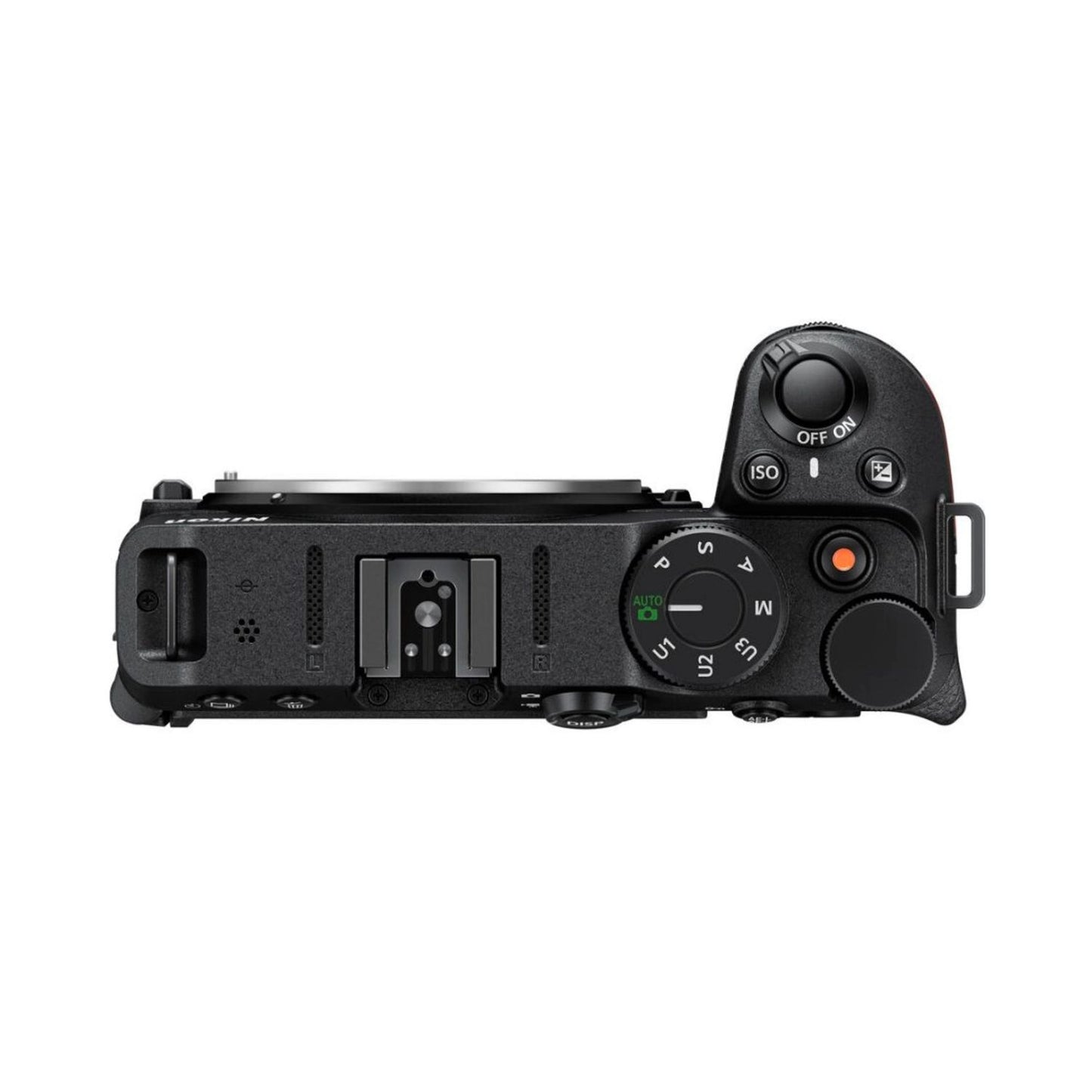Oberseite der Nikon Z30 mit Moduswähler und Bedienelementen, Aufsteckschuh