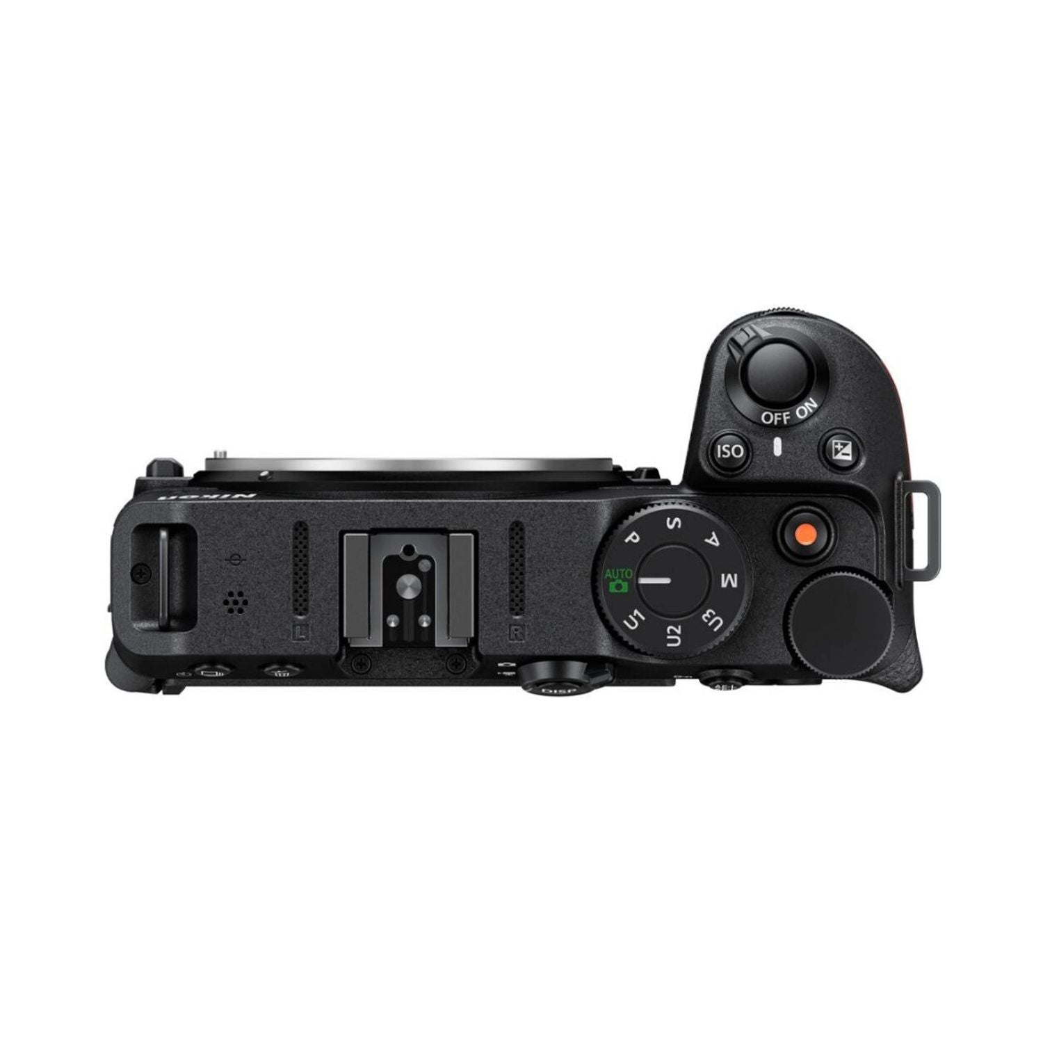Oberseite der Nikon Z30 mit Moduswähler und Bedienelementen, Aufsteckschuh