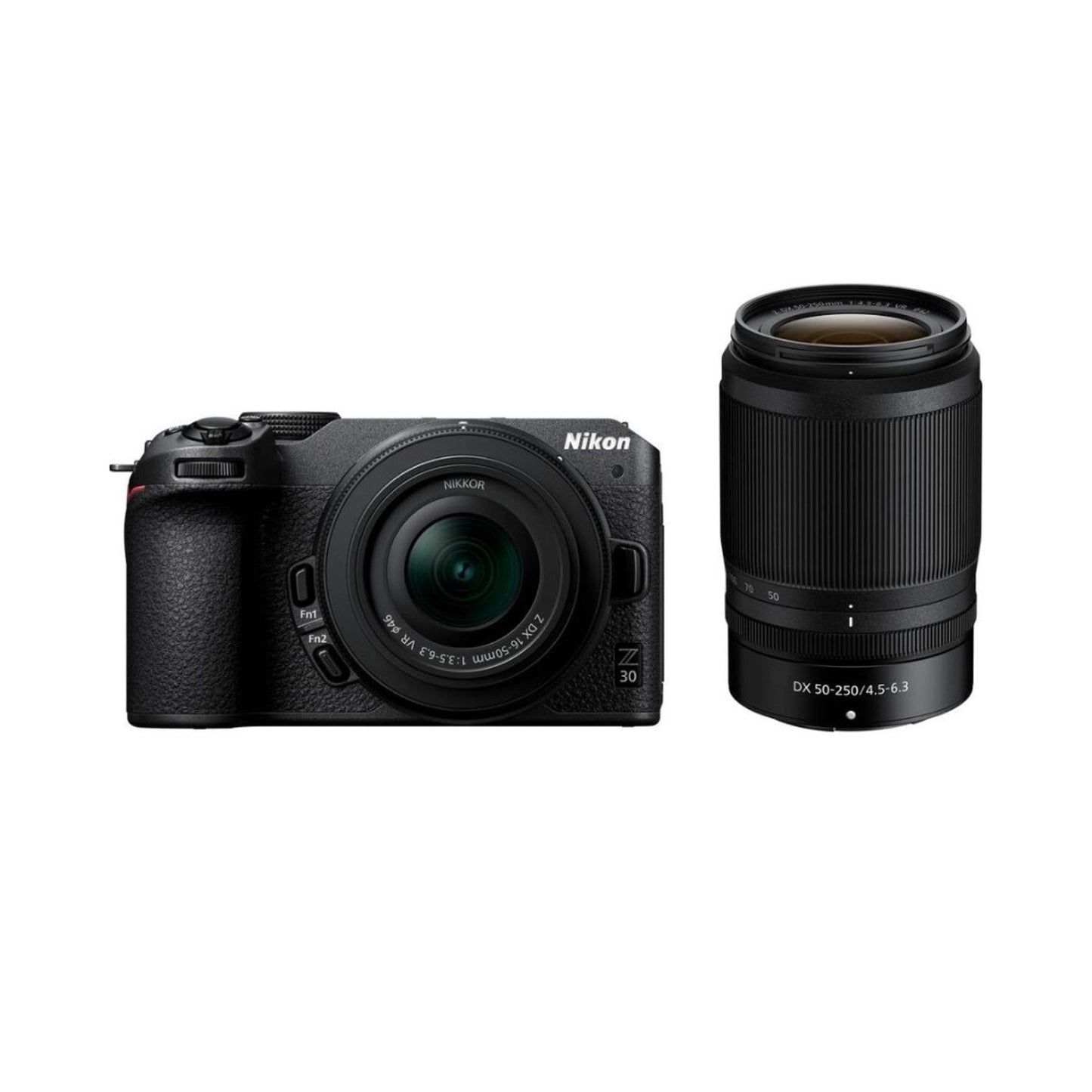 Nikon Z30 mirrorless camera with 16-50mm and 50-250mm lenses, front view