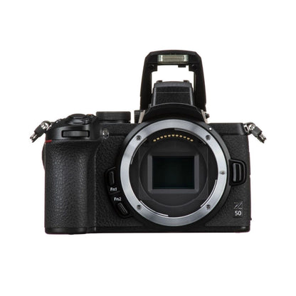 Nikon Z50 mirrorless camera front view, lens mount and top controls visible