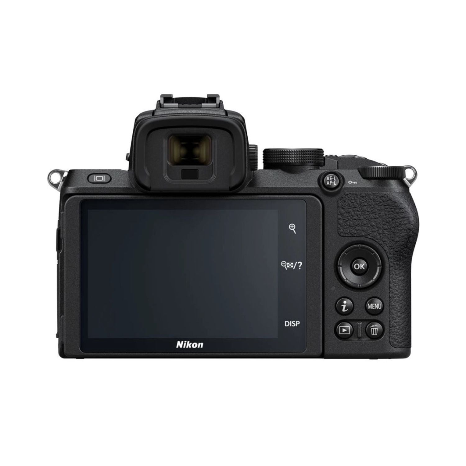 Nikon Z50 mirrorless camera back view, tilting LCD screen and control buttons