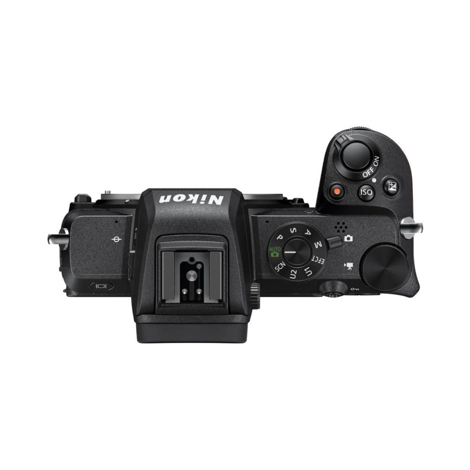 Mirrorless camera top view with mode dial, ISO and hot-shoe