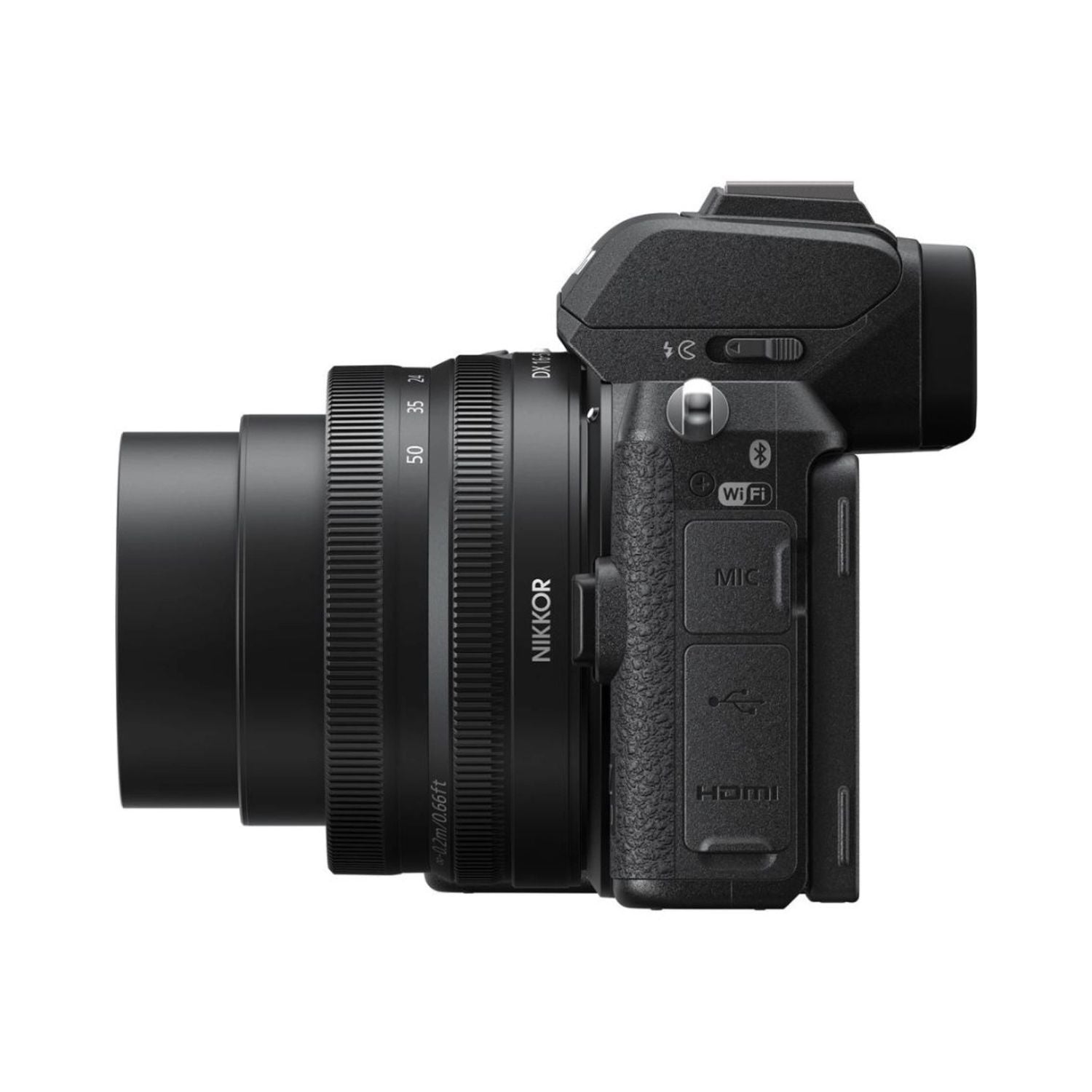 Mirrorless camera side view with WiFi, HDMI, MIC ports and lens attached