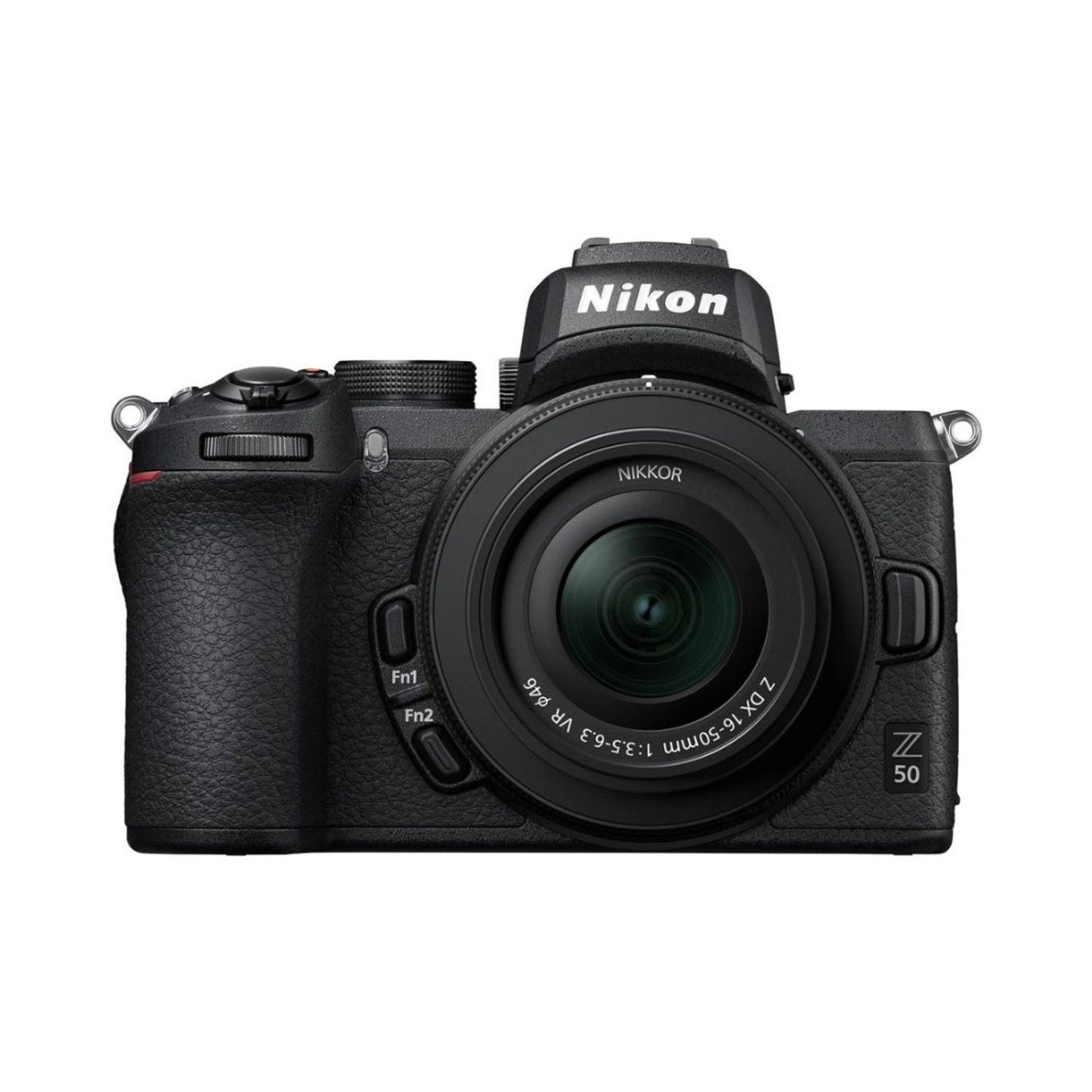 Nikon Z50 mirrorless camera with 16-50mm VR lens, front view, black