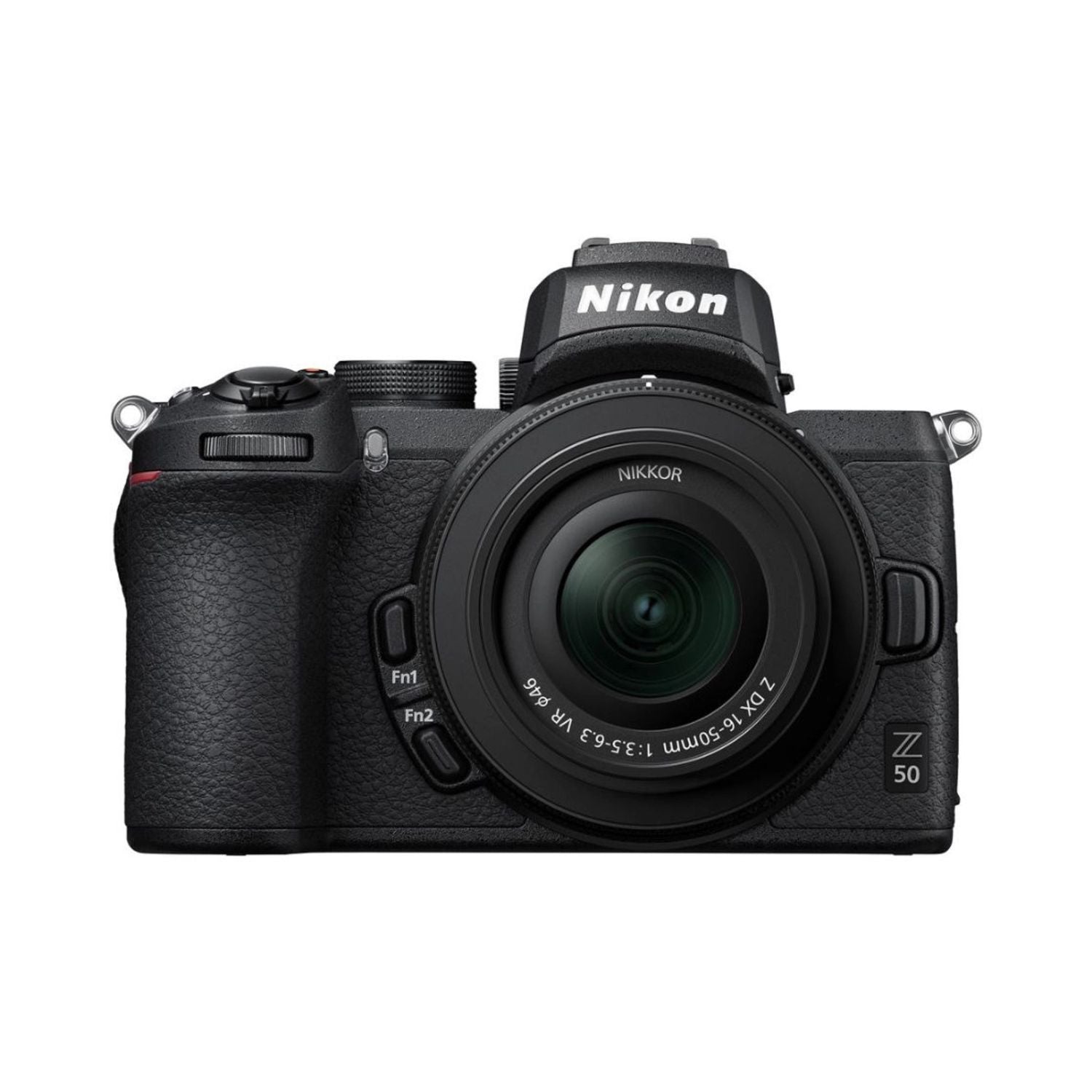 Nikon Z50 mirrorless camera with 16-50mm VR lens, front view, black