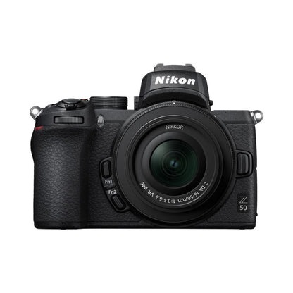 Nikon Z50 mirrorless camera with 16-50mm VR lens, front view, black