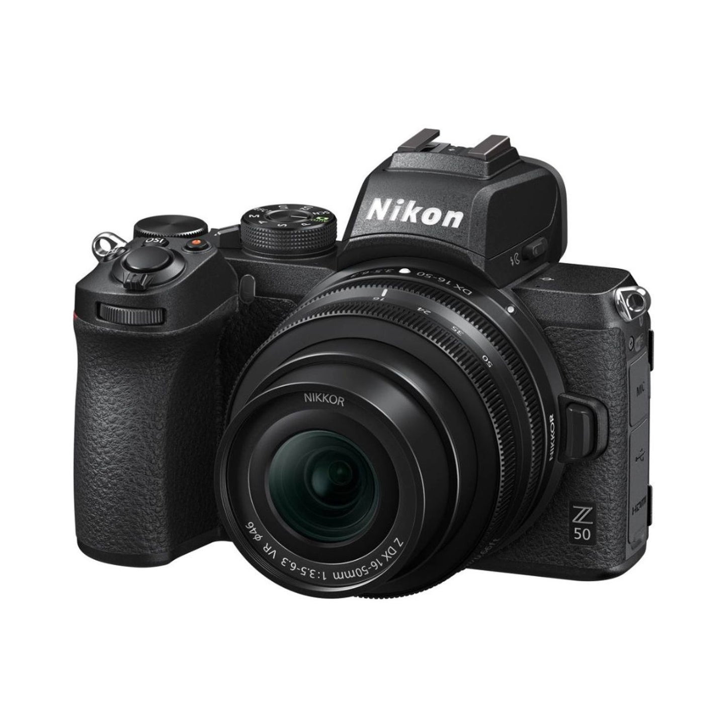 Nikon Z50 mirrorless camera with 16-50mm VR lens, angled front, black