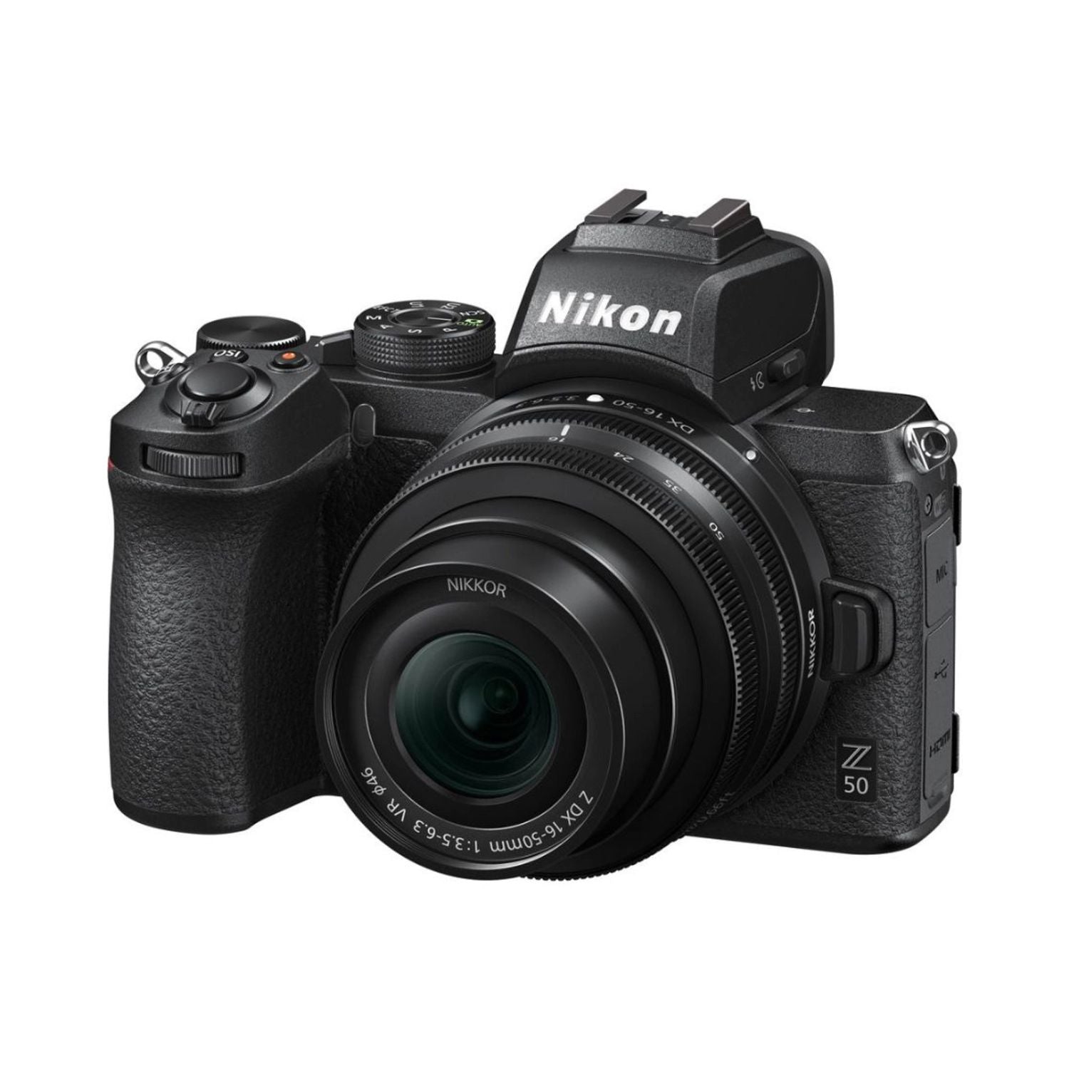 Nikon Z50 mirrorless camera with 16-50mm VR lens, angled front, black