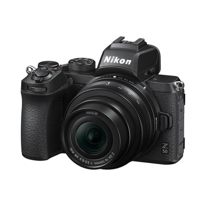 Nikon Z50 mirrorless camera with 16-50mm VR lens, angled front, black