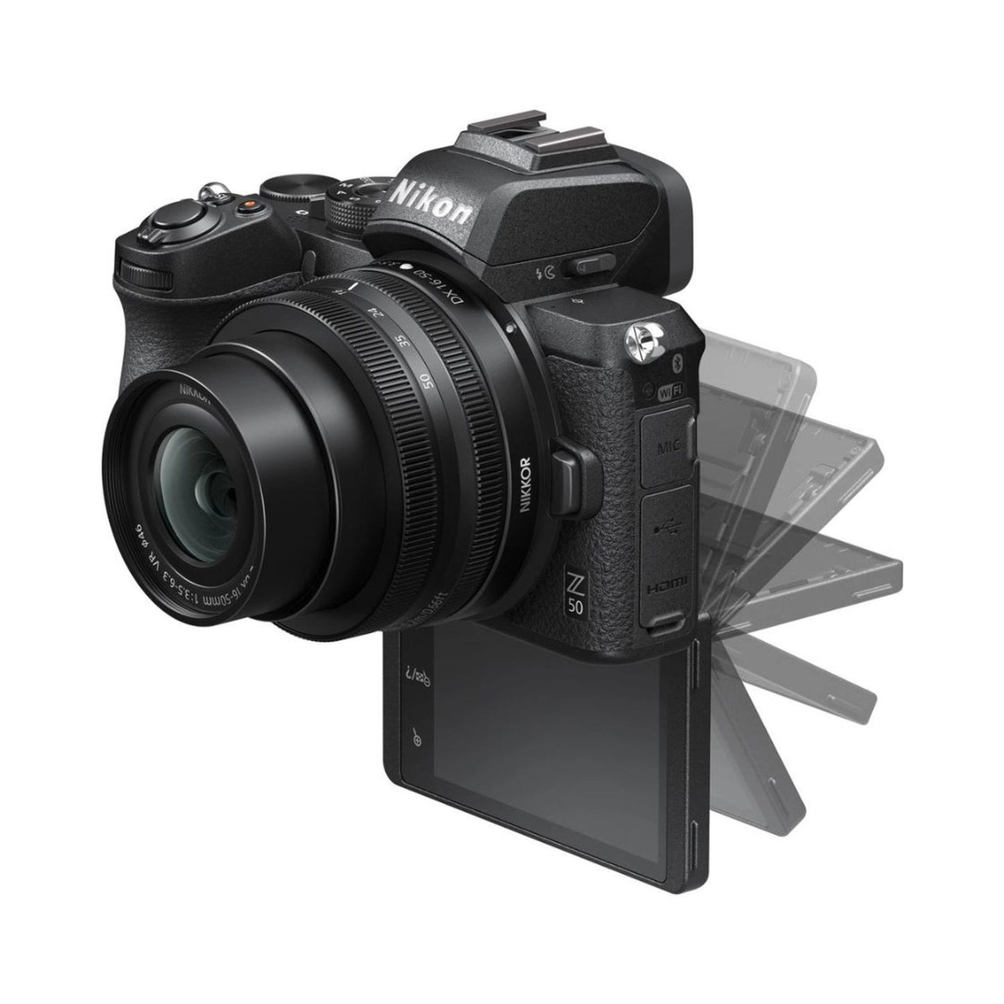 Nikon Z50 mirrorless camera with lens, side view and LCD screen, black