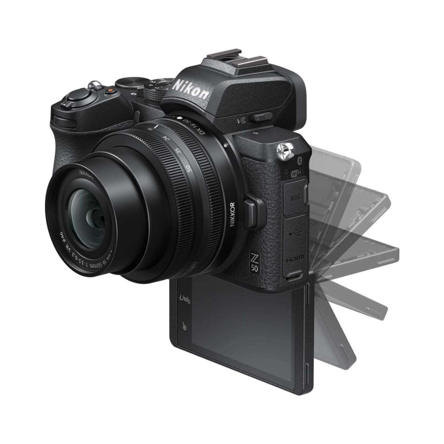 Nikon Z50 mirrorless camera with lens, side view and LCD screen, black