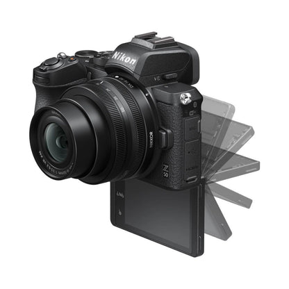 Nikon Z50 mirrorless camera with lens, side view and LCD screen, black