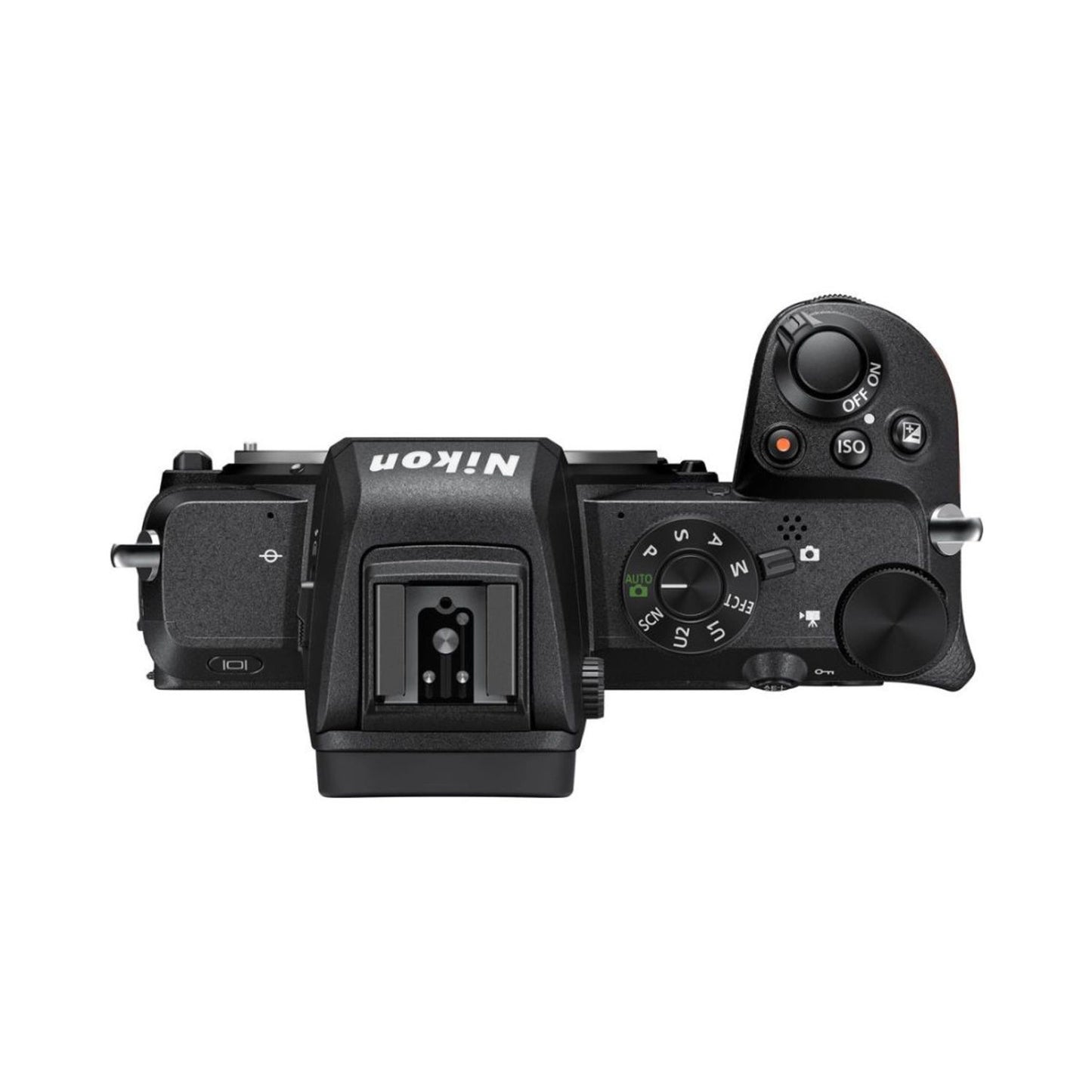 Nikon Z50 mirrorless camera top view, mode dial and controls, black