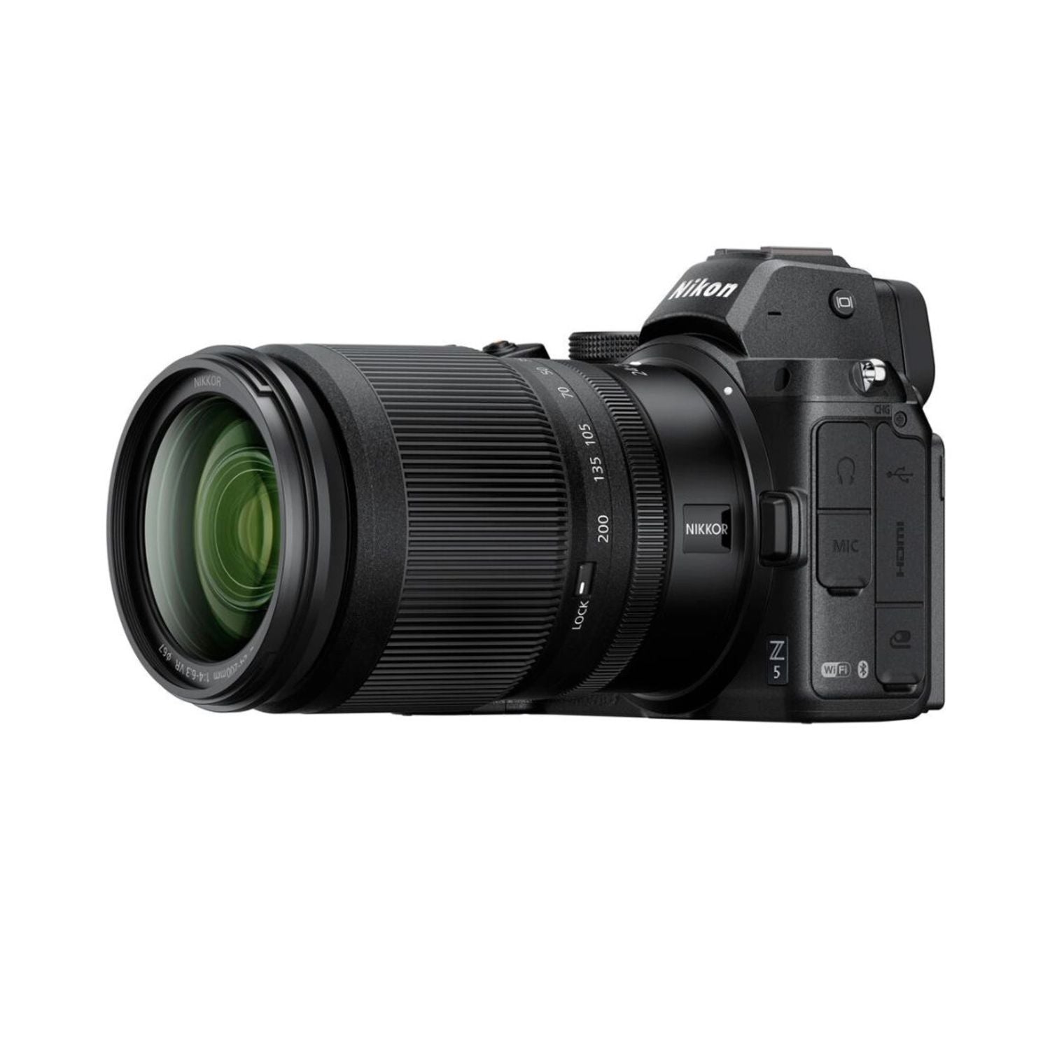 Nikon Z5 mirrorless camera with 24-200mm lens, side view showing grip and lens details
