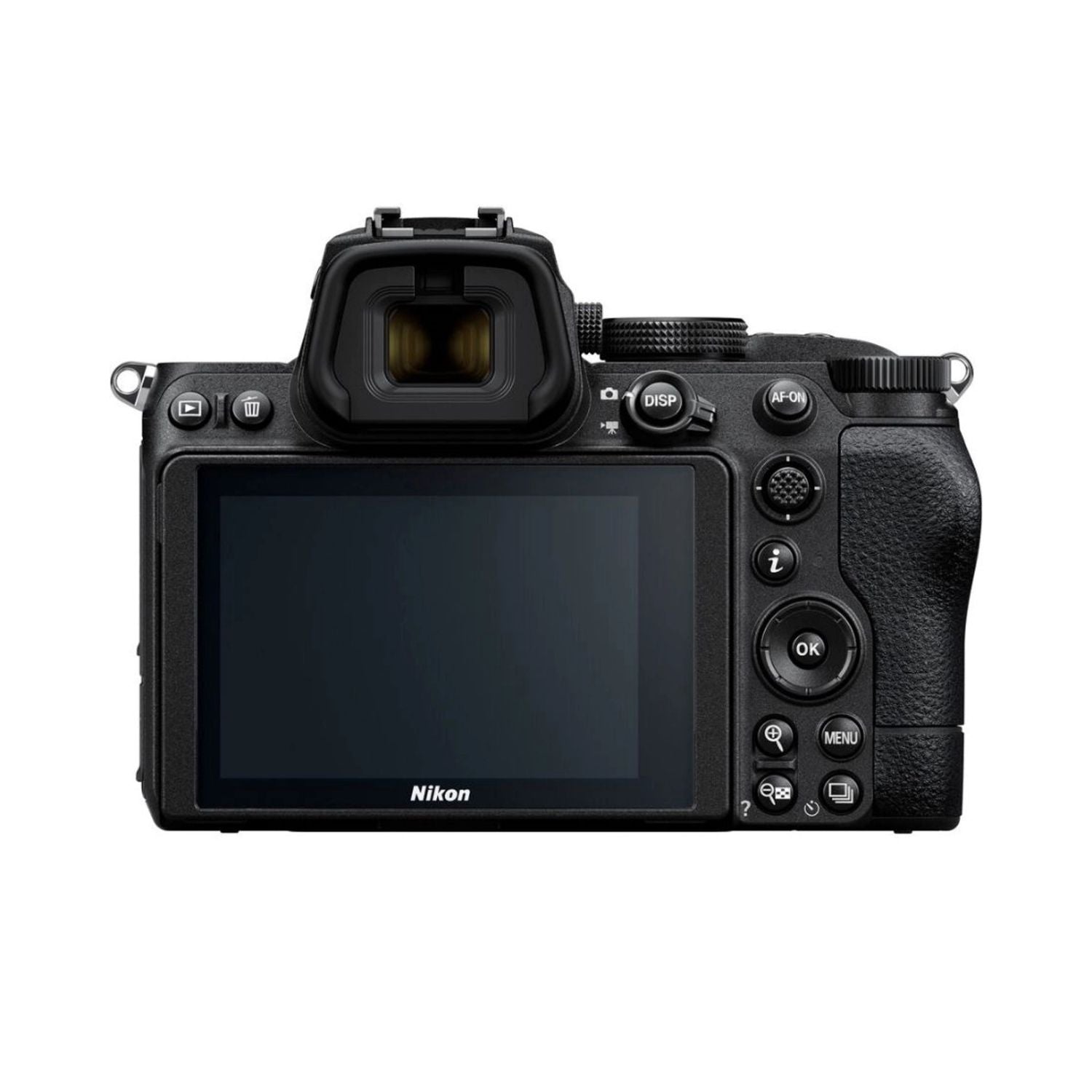 Nikon Z5 back view with rear screen and buttons, black mirrorless camera
